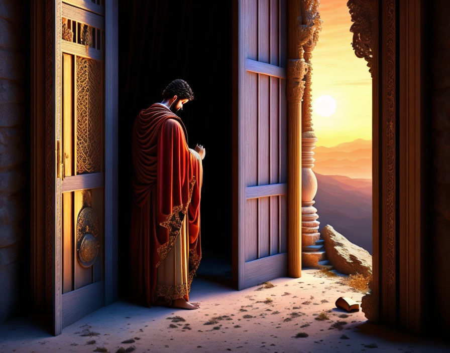 Ancient Roman man in attire looking at sunset over mountains from ornate doorway