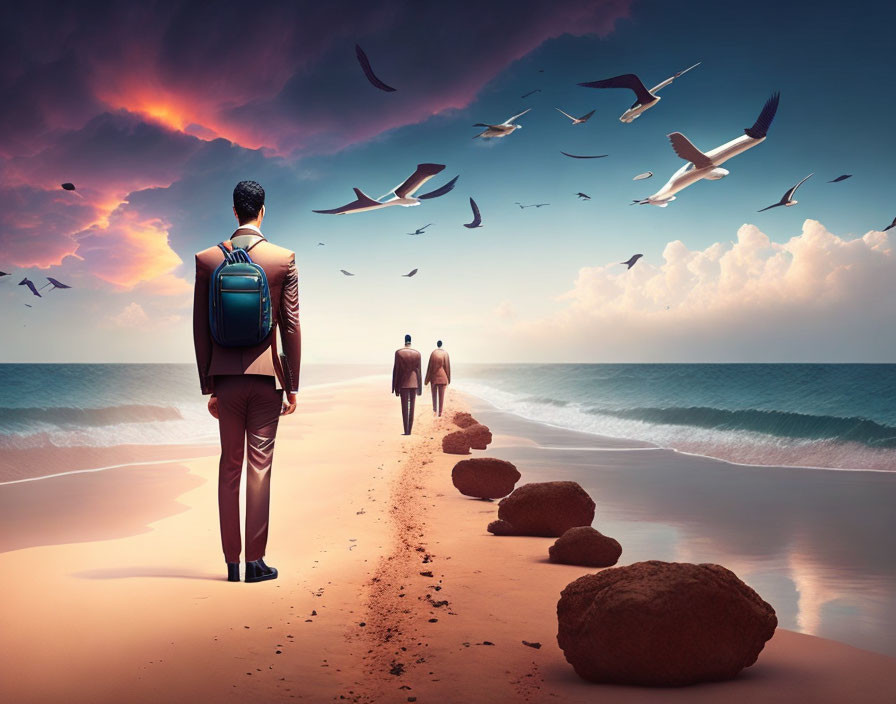 Businessman in suit with backpack on beach watching figure walk away under bird-filled sky