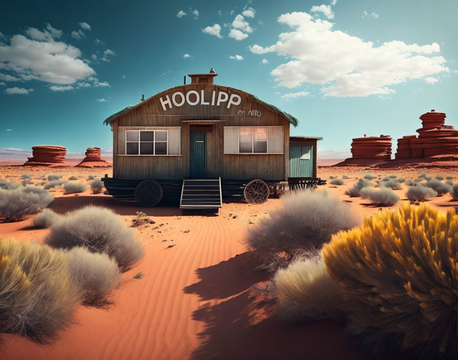 Wooden house labeled 'HOOLIPP' in desert with red sands and sparse vegetation under clear sky