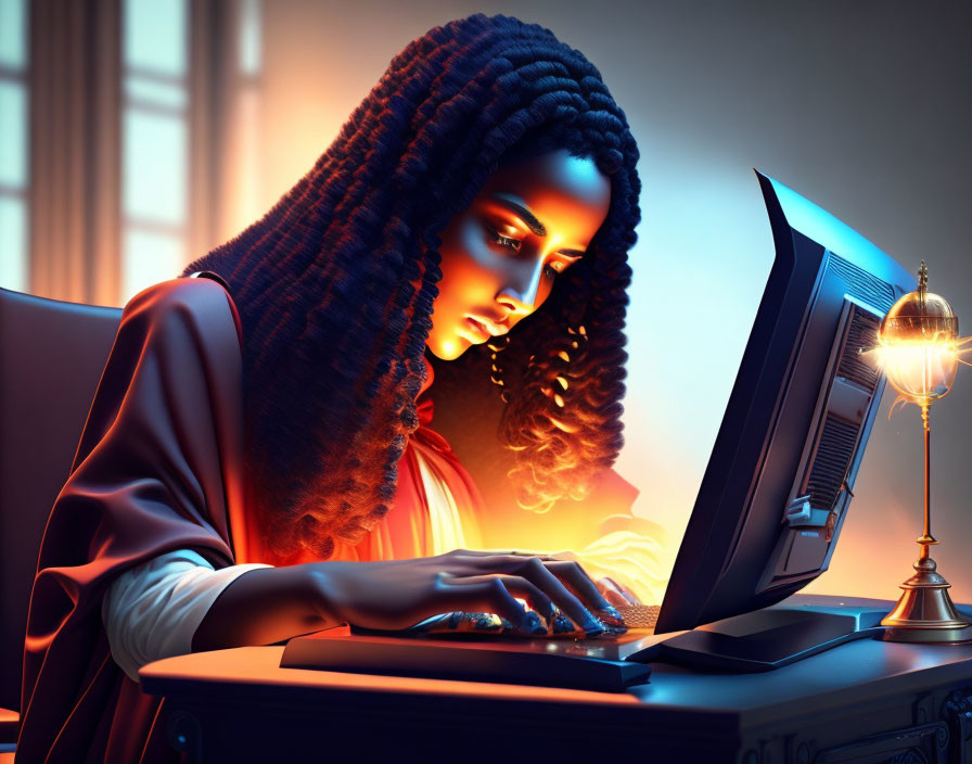 Woman in blue knit cap and robe typing in dimly lit room