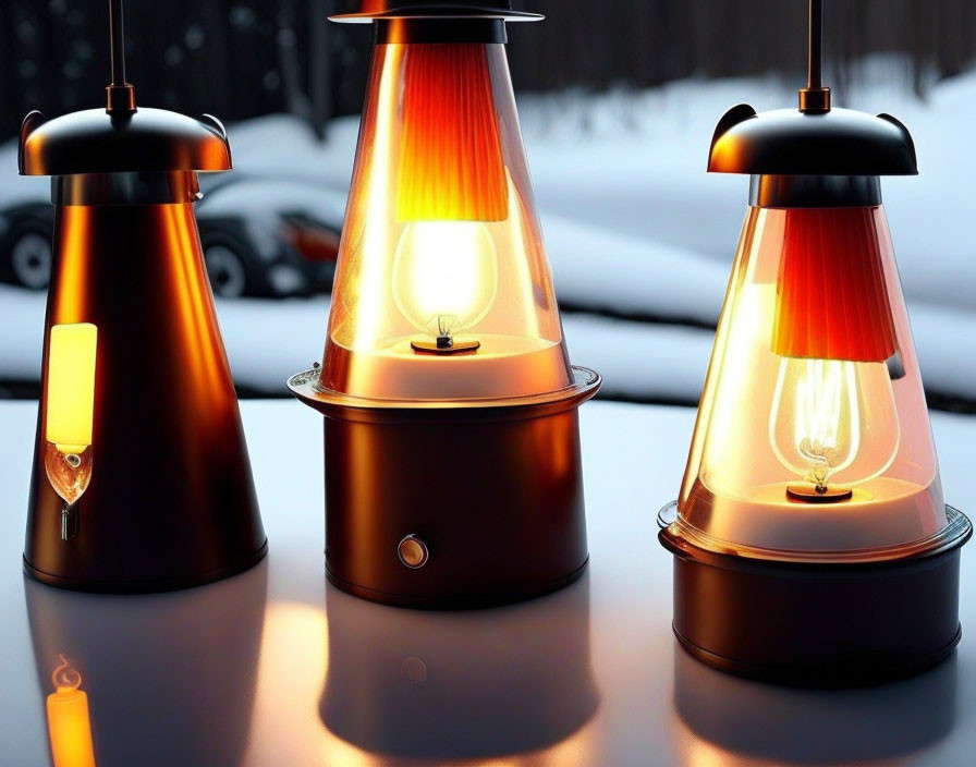 Three LED lanterns with warm light on snowy background