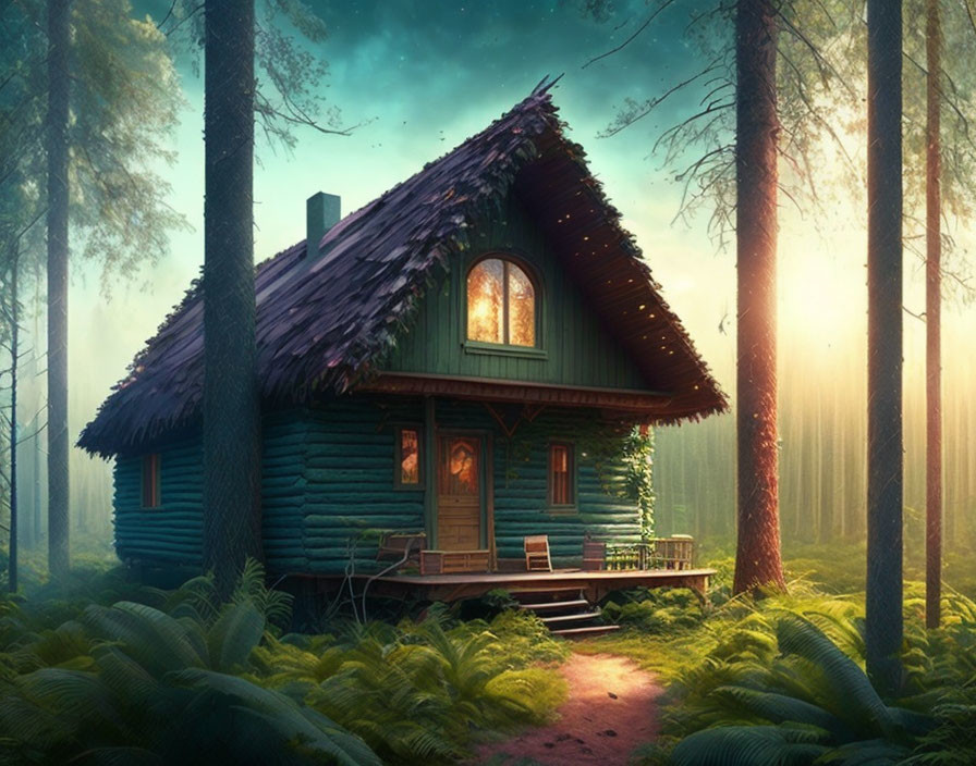 Tranquil sunset scene at a wooden cabin in a forest