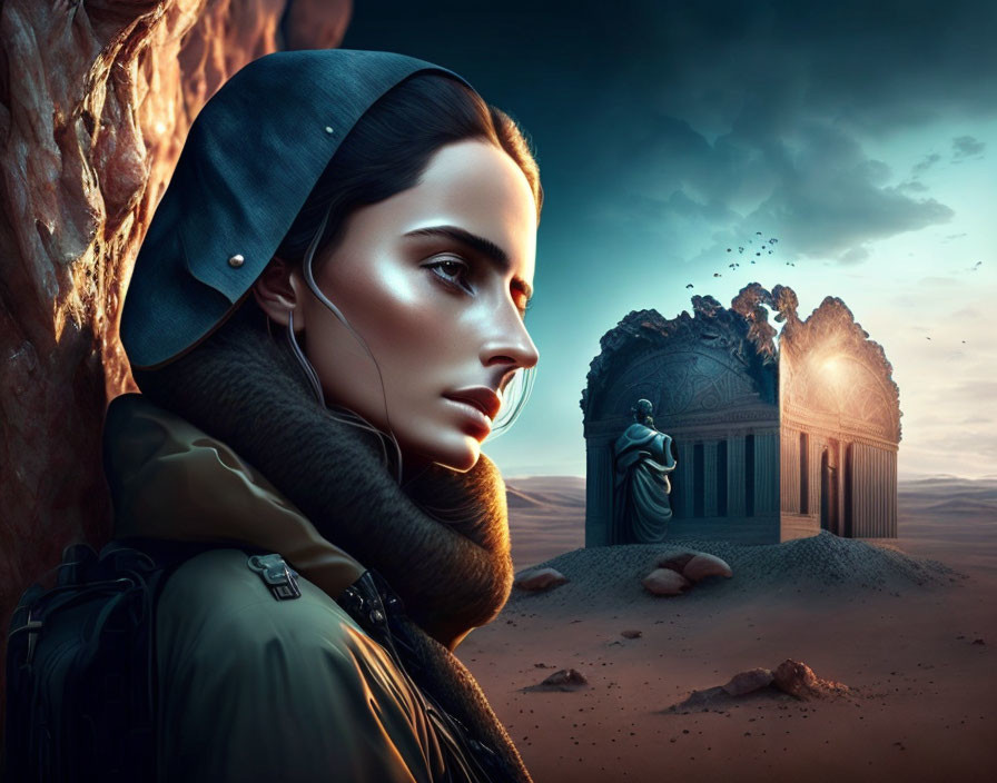 Digital artwork: Woman in profile with blue headscarf against ancient temple backdrop