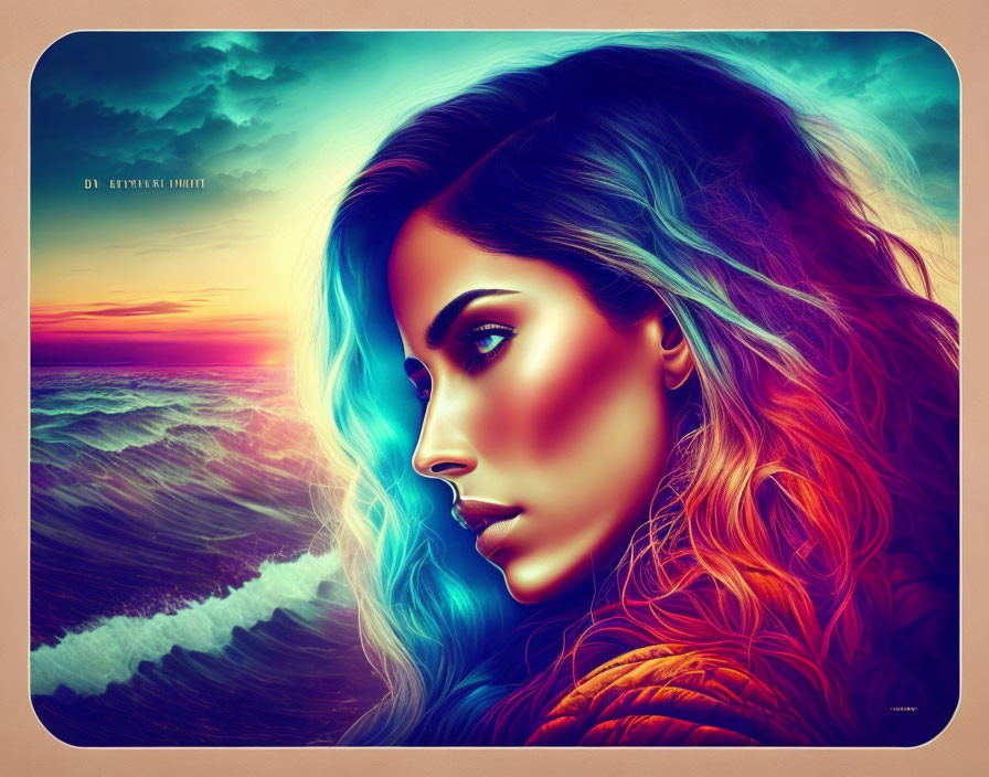 Colorful digital artwork: Woman with multicolored hair in surreal sunset beach.