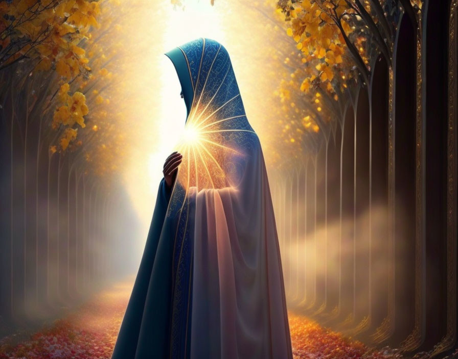 Cloaked Figure in Mystical Autumn Forest with Radiant Light