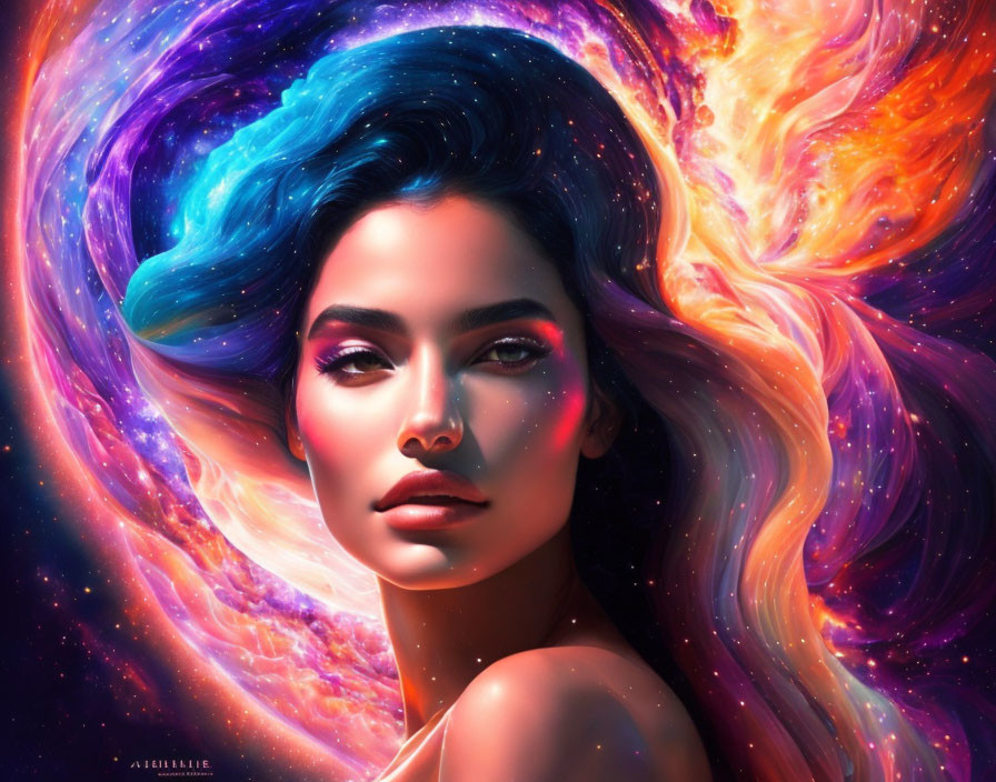 Cosmic-themed digital artwork of a woman with vibrant galactic hair