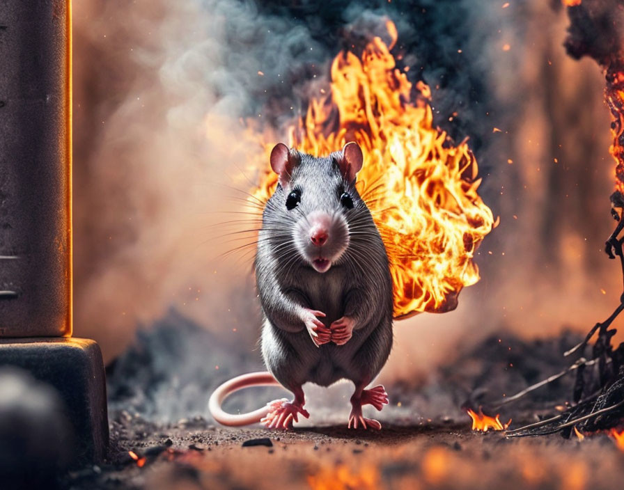 Rat standing near blazing fire with rising smoke