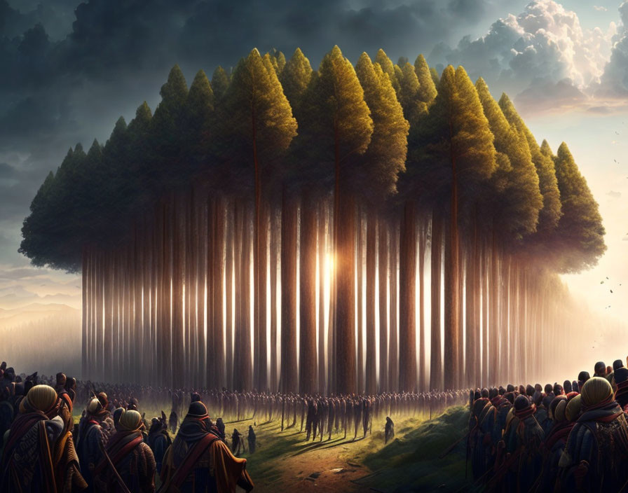 Army observing floating island of trees with light rays and dramatic sky