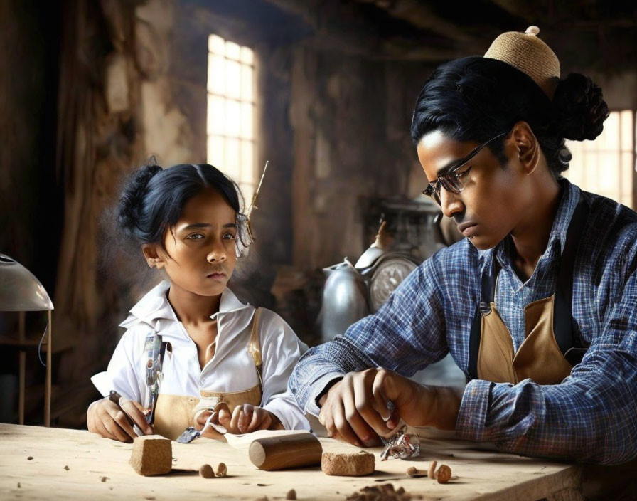 Child and adult woodworking together in rustic workshop setting