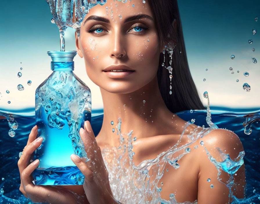 Woman with Striking Blue Eyes Holding Water Bottle Creating Splash