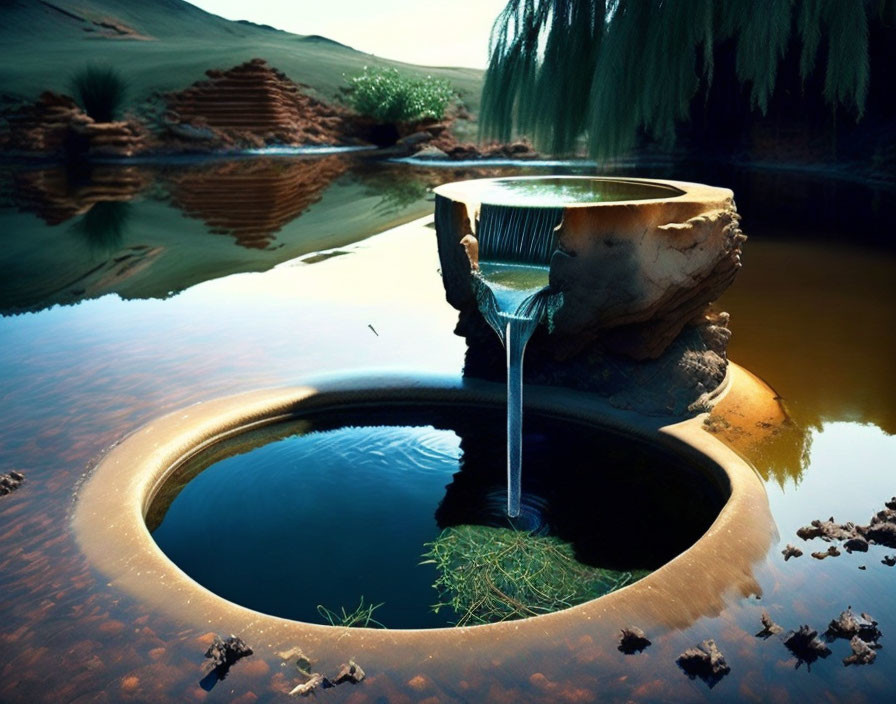 Tranquil desert oasis with old well, pond, and sand dunes