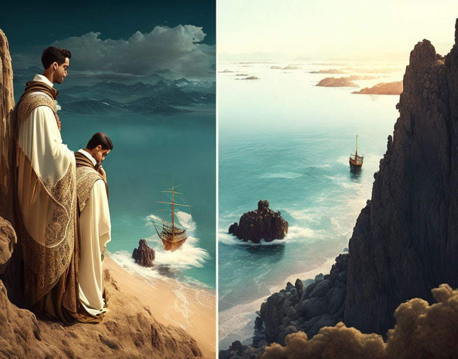 Two individuals in ornate robes on cliff with fantasy landscape, mountains, clouds, and vintage ship.