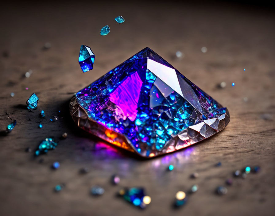 Purple Gemstone with Sparkling Facets on Wooden Surface