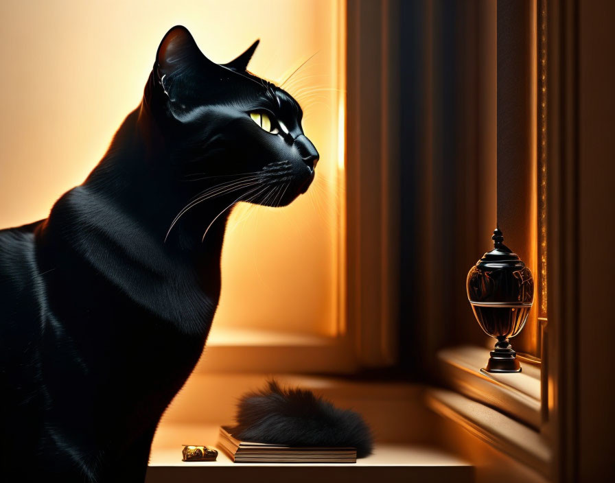 Black Cat Sitting Gracefully by Window in Soft Golden Light