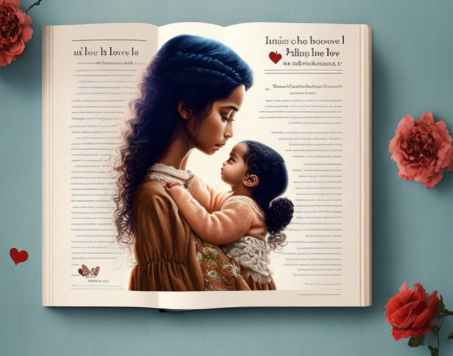 Mother and Child Illustration in Open Storybook with Text and Hearts