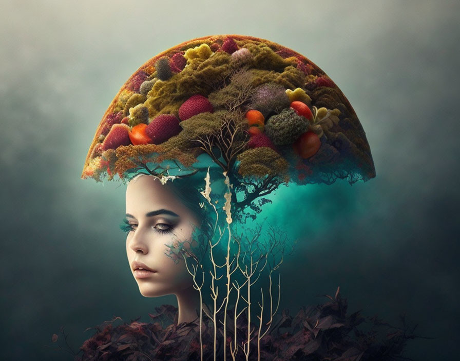 Surreal artwork: woman with tree neck and fruit head