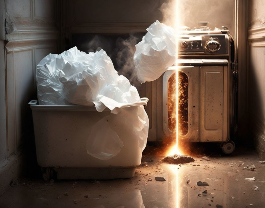 Plastic bags floating towards glowing oven in neglected kitchen