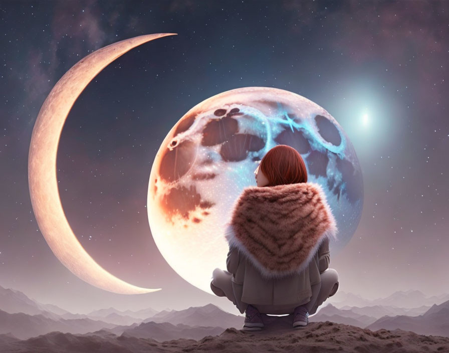 Person in parka gazes at surreal landscape with crescent moon, large planet, and visible ecosystems