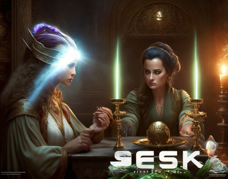 Fantasy-themed image: Two women in mystical arm-wrestling match