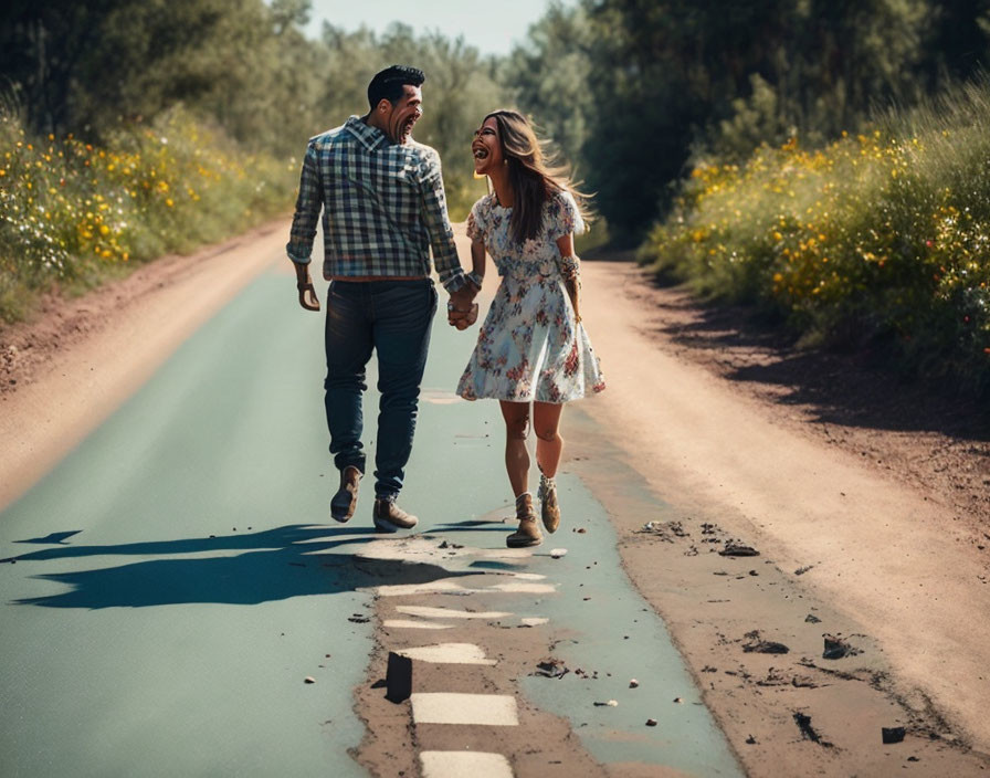 Joyful couple walking on sunlit dirt road with wildflowers