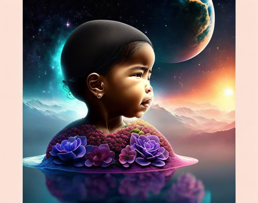 Child's profile merges with cosmic scene in digital artwork, featuring blooming collar and serene water backdrop.