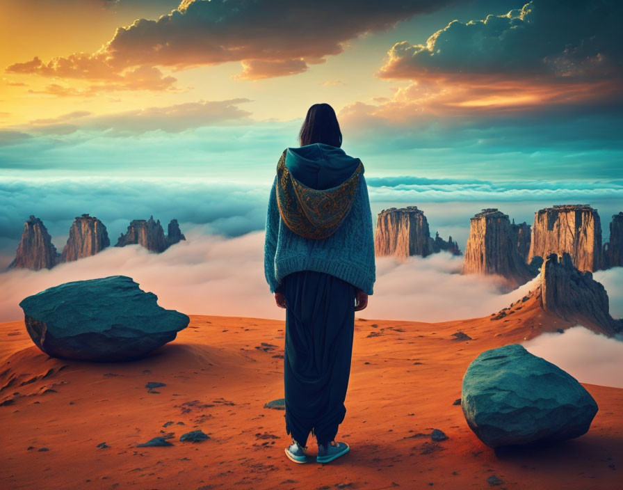 Person in hoodie and long dress overlooking desert vista and rock formations at sunset