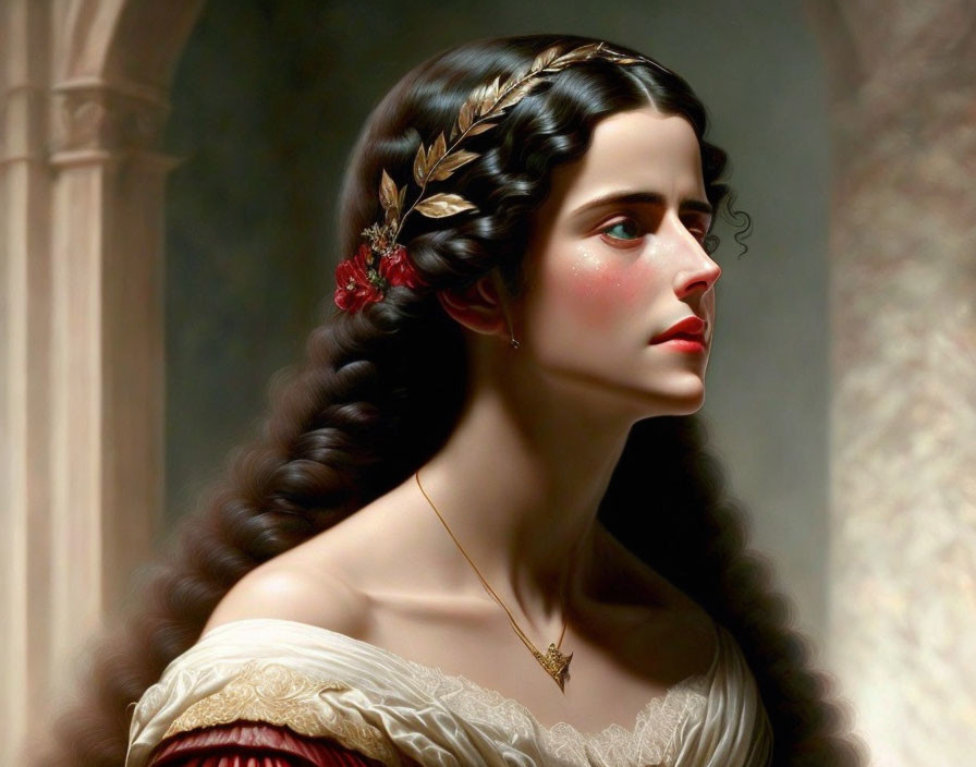 Portrait of woman with braided hair and floral adornments in white and red dress, gazing sideways