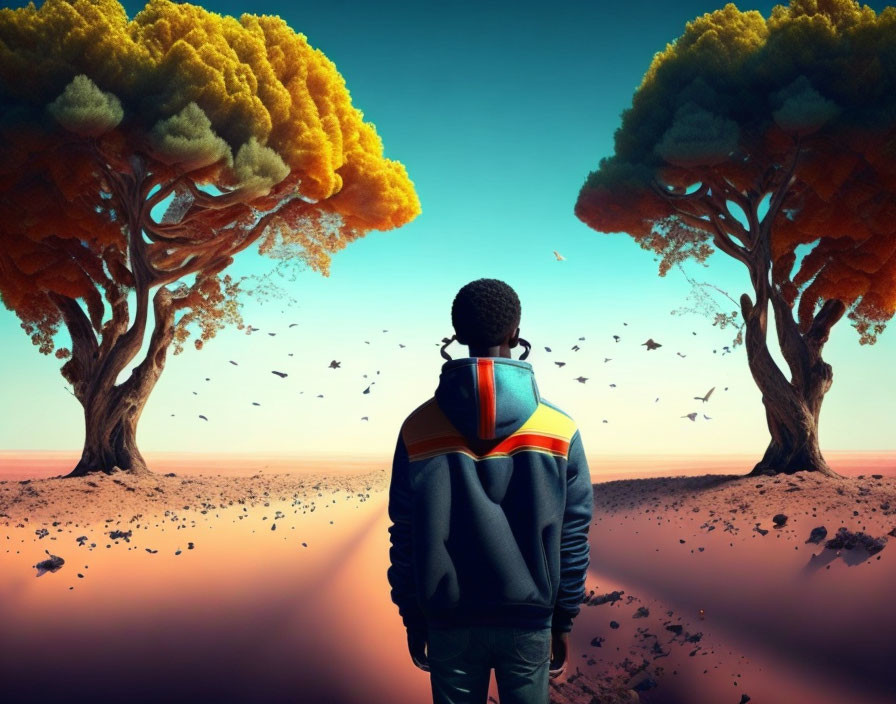 Colorful trees and surreal landscape with a person under twilight sky