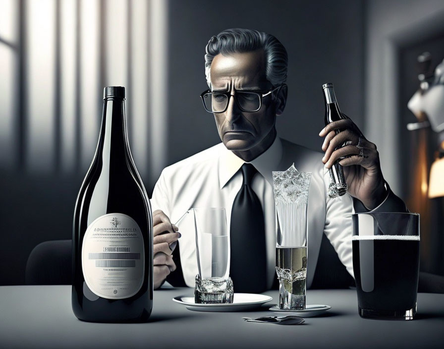 Contemplative man in suit with bottle and glasses at table