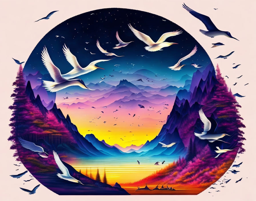 Circular artwork of birds flying over mountain lake at sunset