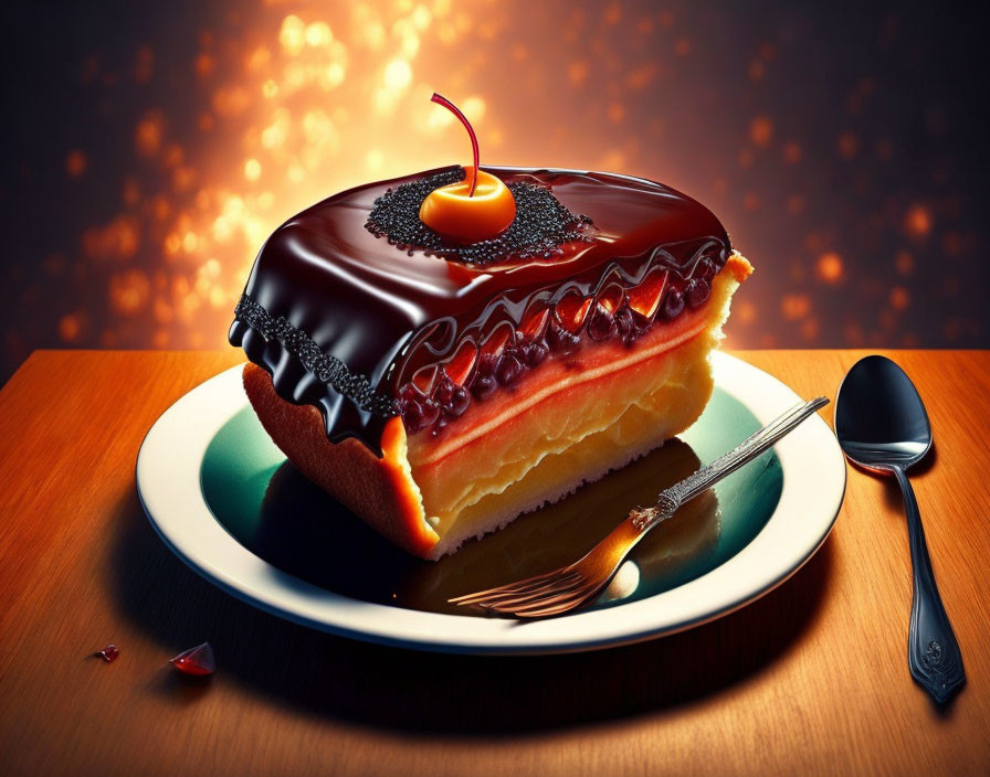 Layered Cake with Chocolate Glaze and Candle on Plate, Bokeh Background