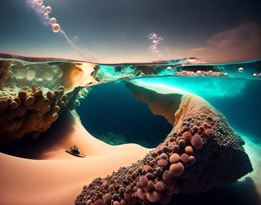 Split-view of underwater coral and desert landscape with boat