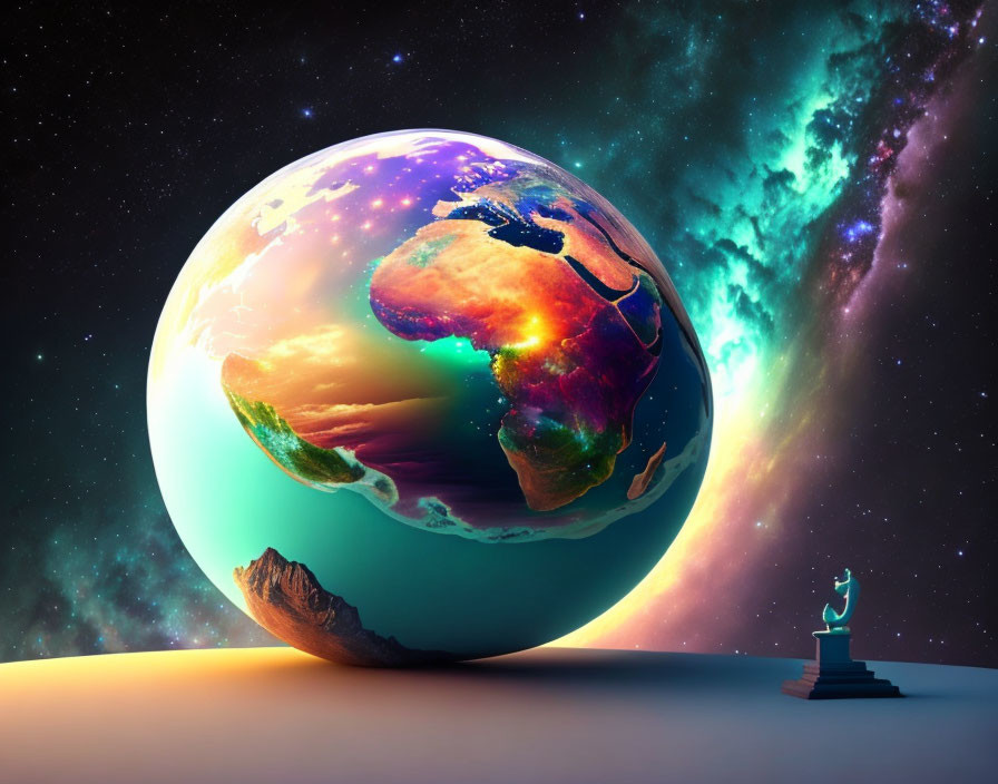 Silhouette person with telescope and glowing Earth in surreal space scene