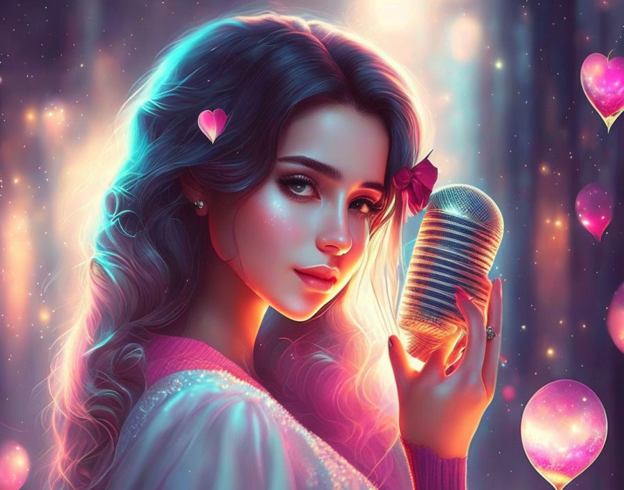 Long-haired female animated character with shining microphone and hearts in colorful backdrop