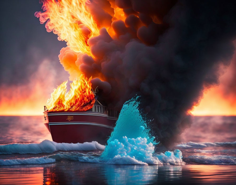 Boat on Fire at Sea with Smoke Plume and Sunset Sky