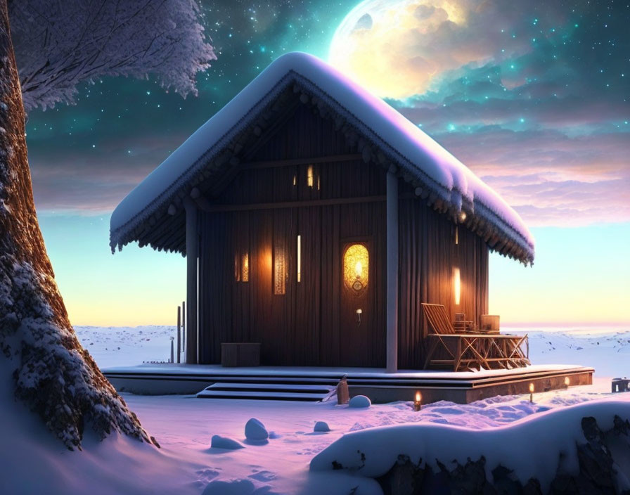 Snowy landscape: Wooden cabin under starry sky