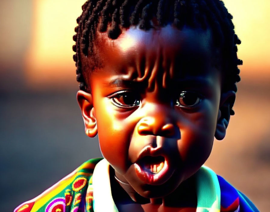 Young child with braided hair and colorful attire, gazing under sunlight