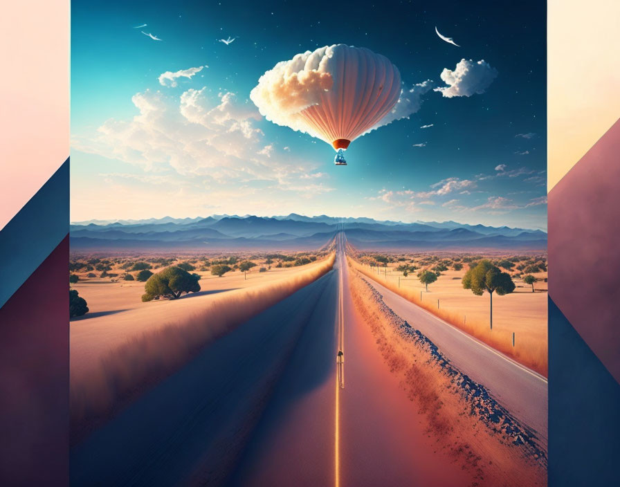 Hot air balloon over desert road at sunset with surreal sky landscape