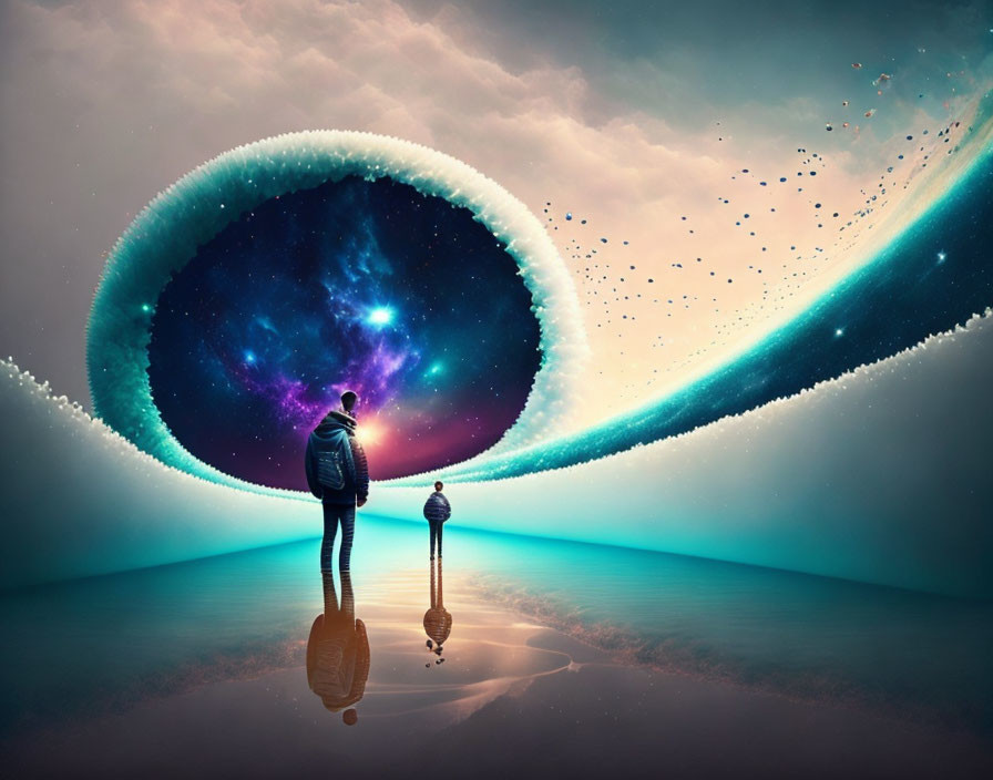 Person and Child Reflecting Before Surreal Cosmic Portal and Gradient Sky