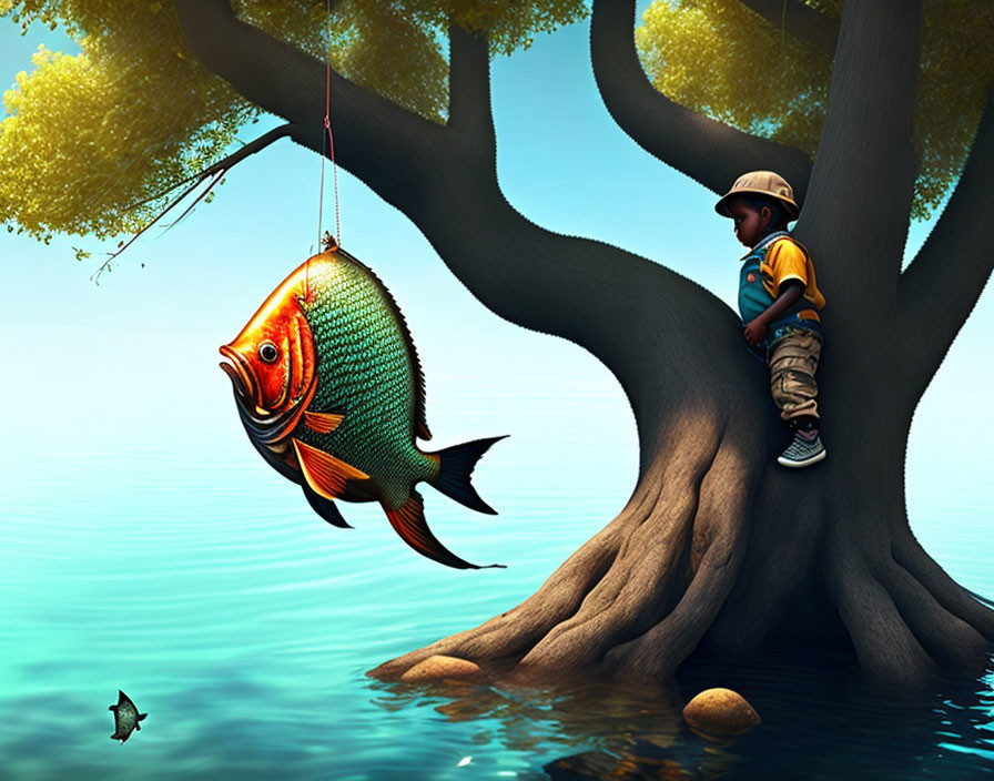 Young boy admires colorful fish by tree in dreamlike waterscape