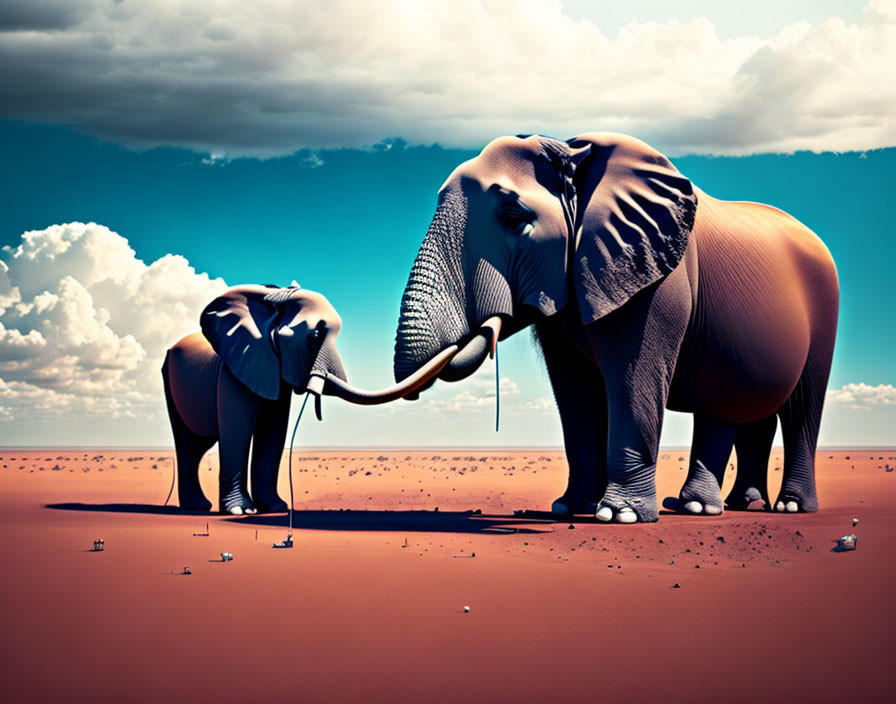 Stylized elephants on desert landscape under cloudy sky