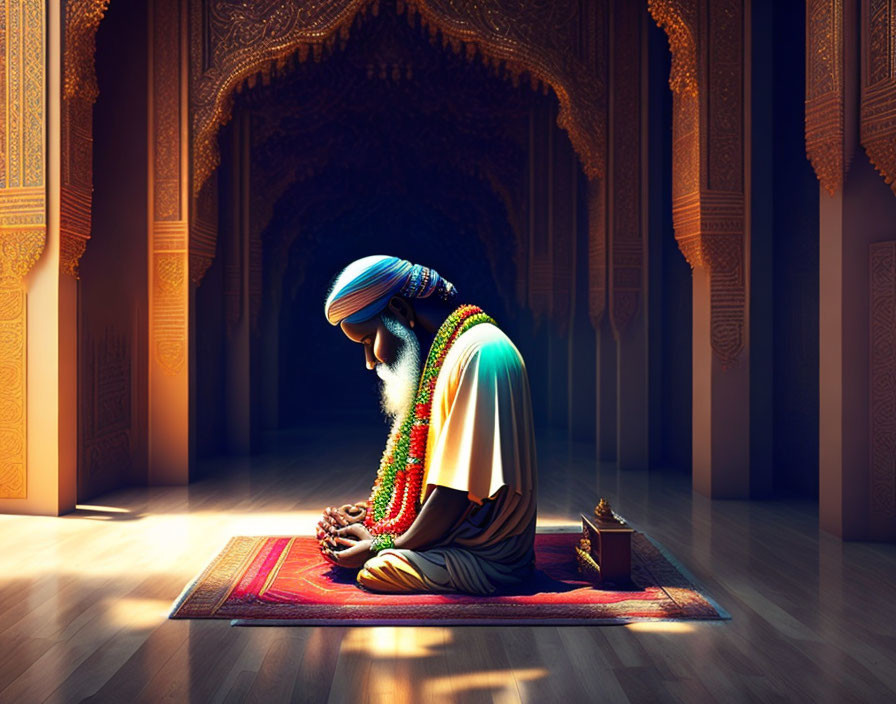 Person in traditional clothing praying on carpet in ornate room