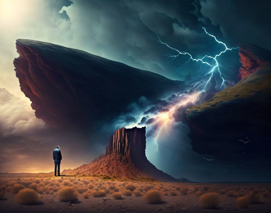 Surreal landscape with person, floating rock island, stormy sky.