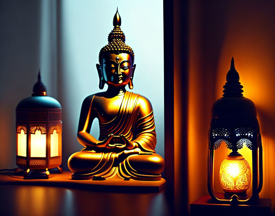 Serene Buddha statue illuminated by warm decorative lamps