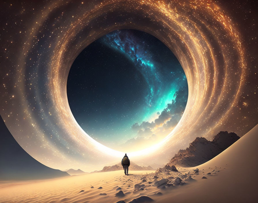 Person standing before massive wormhole entrance on sandy terrain under star-filled cosmic sky