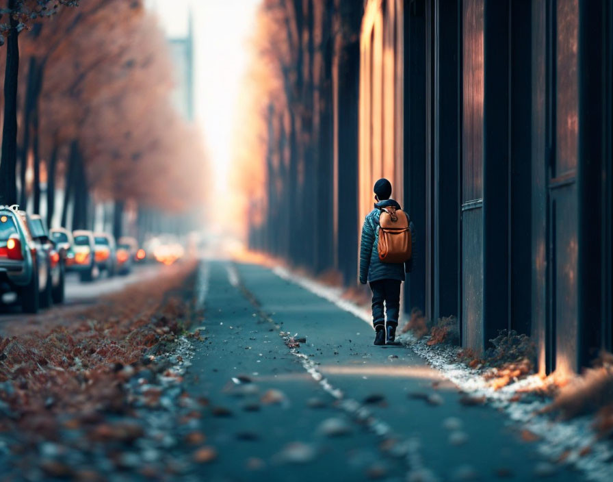 Person walking on tree-lined path with autumn leaves and parked cars