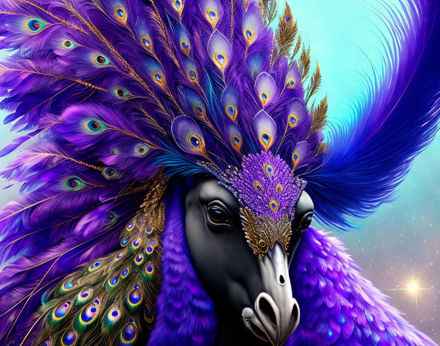 Digital artwork: Blue horse with peacock feather crest