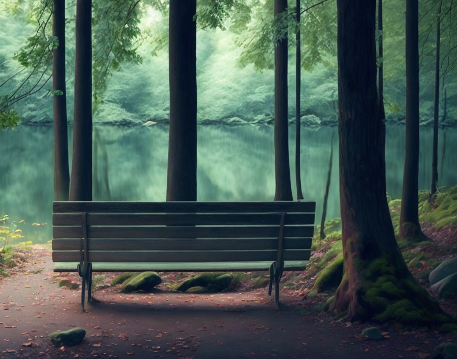 Tranquil park scene with empty bench by serene lake