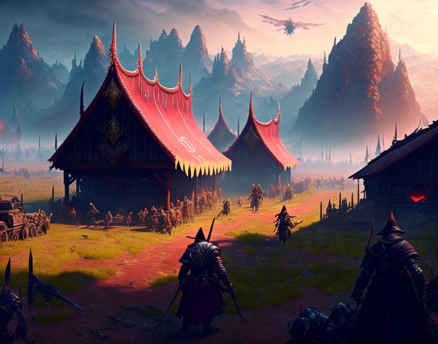 Medieval fantasy landscape with warriors, tents, pine trees, mountains, and a dragon.