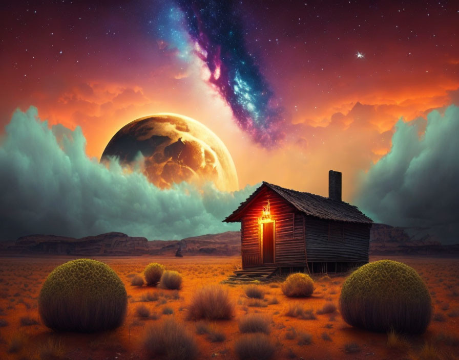 Surreal landscape with oversized moon, glowing cabin, round bushes, starry sky, and vibrant